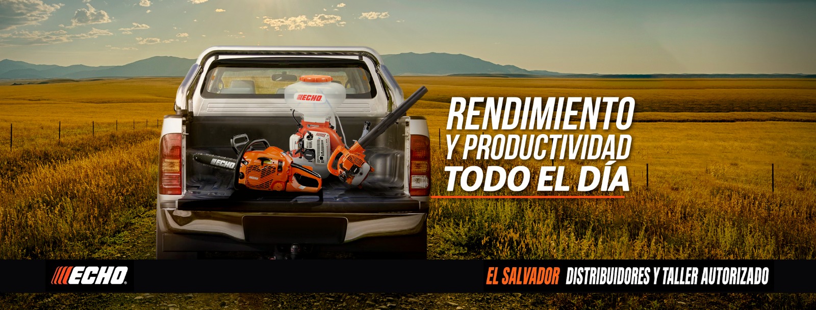 Camioneta con equipos ECHO en el campo — Rendimiento y productividad todo el día
