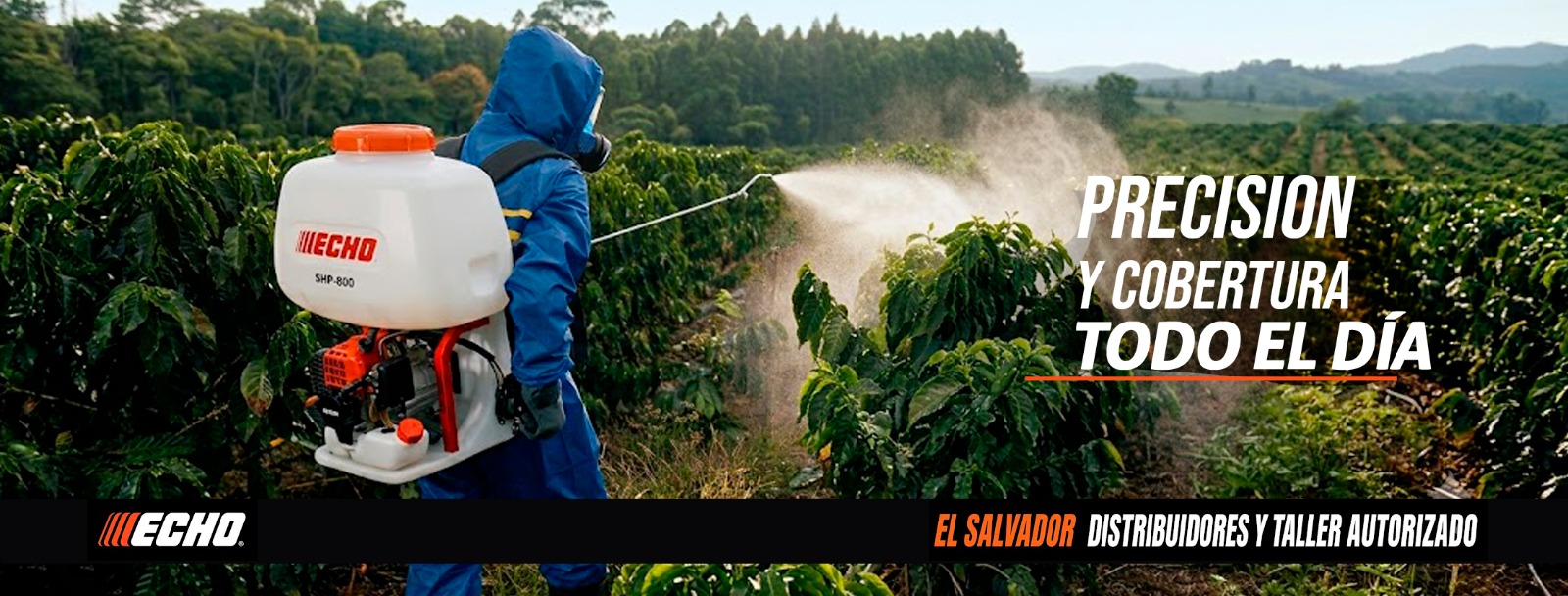 Fumigadora ECHO SHP-800 en cultivo de café — Precisión y cobertura todo el día